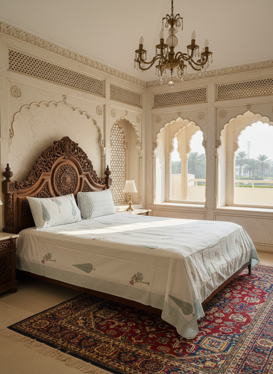 Heritage Block Print 100% Cotton Percale Bedsheet with 2 Pillowcases