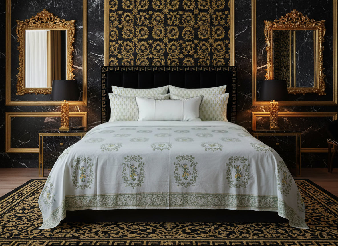 Heritage Block Print 100% Cotton Percale Bedsheet with 2 Pillowcases