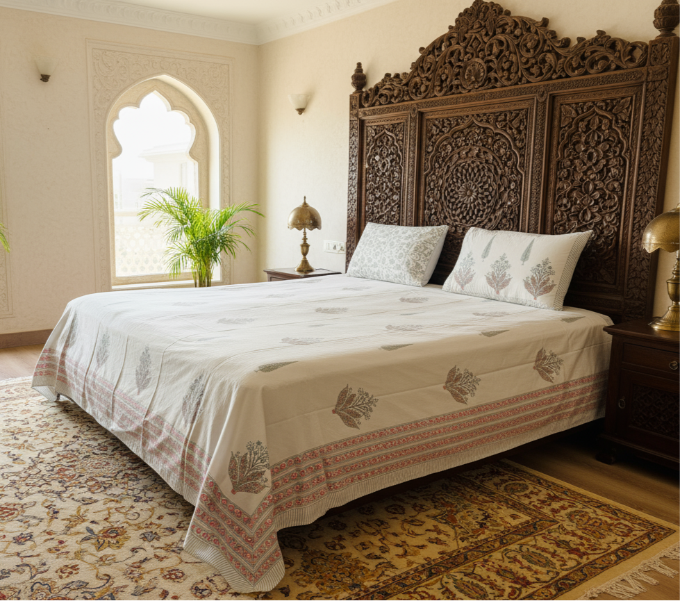 Heritage Block Print 100% Cotton Percale Bedsheet with 2 Pillowcases