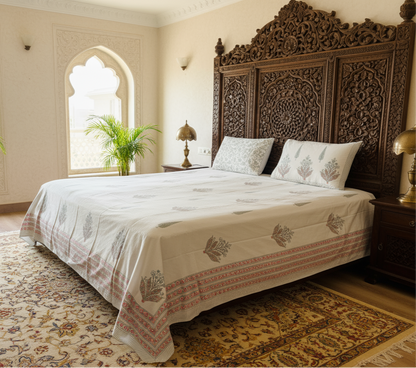 Heritage Block Print 100% Cotton Percale Bedsheet with 2 Pillowcases