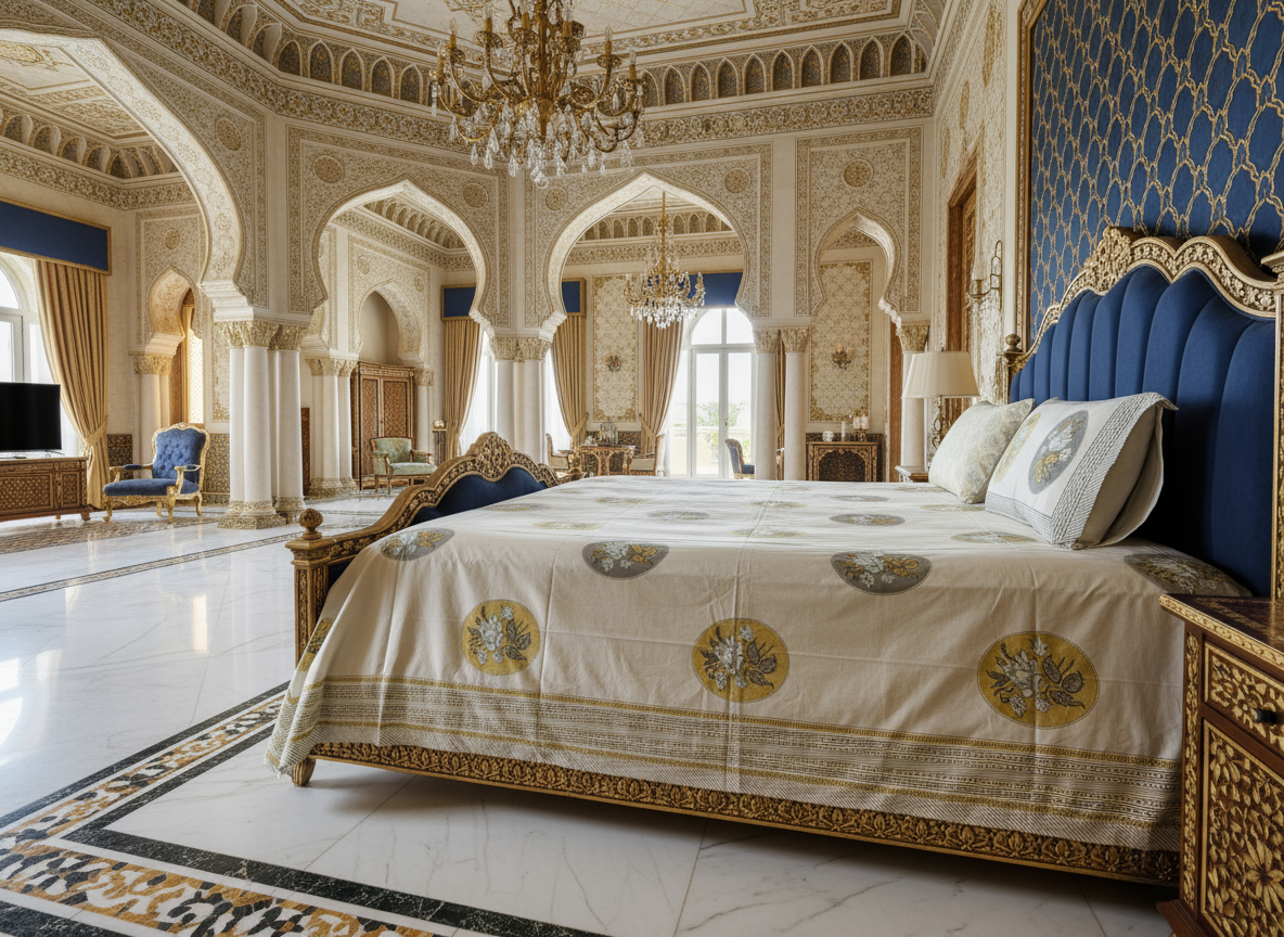 Heritage Block Print 100% Cotton Percale Bedsheet with 2 Pillowcases