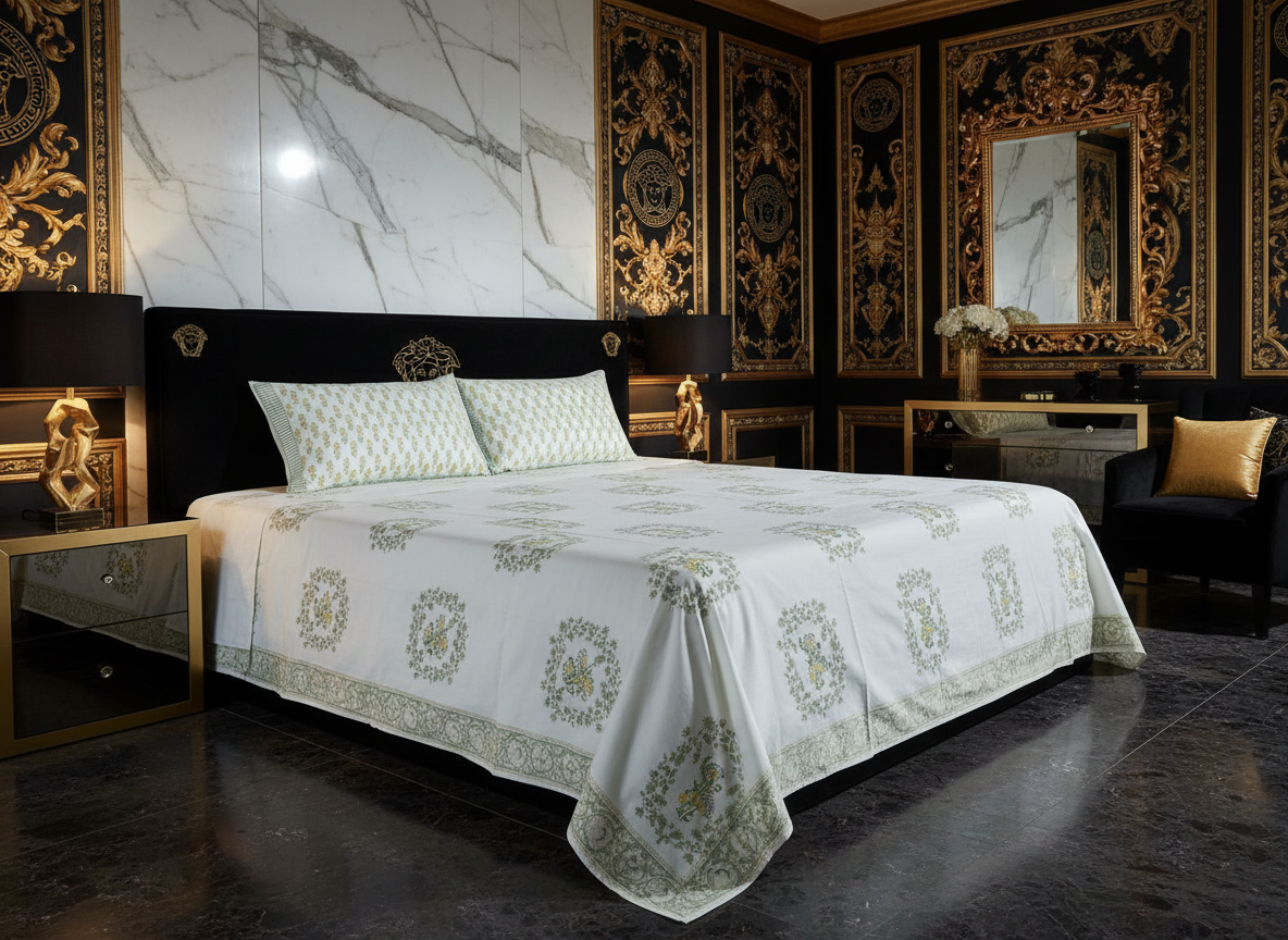 Heritage Block Print 100% Cotton Percale Bedsheet with 2 Pillowcases