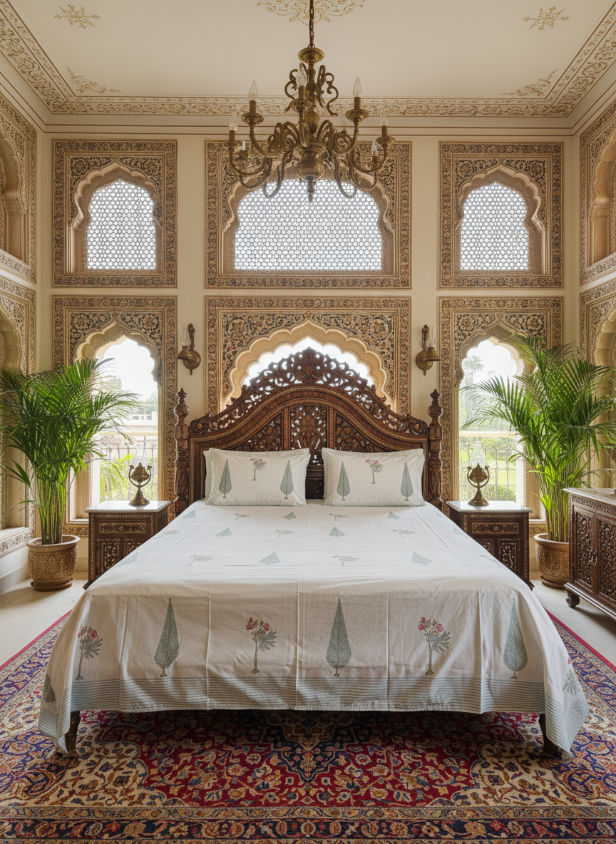 Heritage Block Print 100% Cotton Percale Bedsheet with 2 Pillowcases