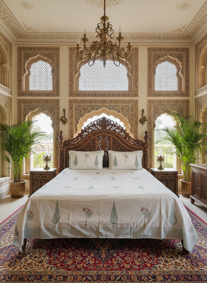 Heritage Block Print 100% Cotton Percale Bedsheet with 2 Pillowcases