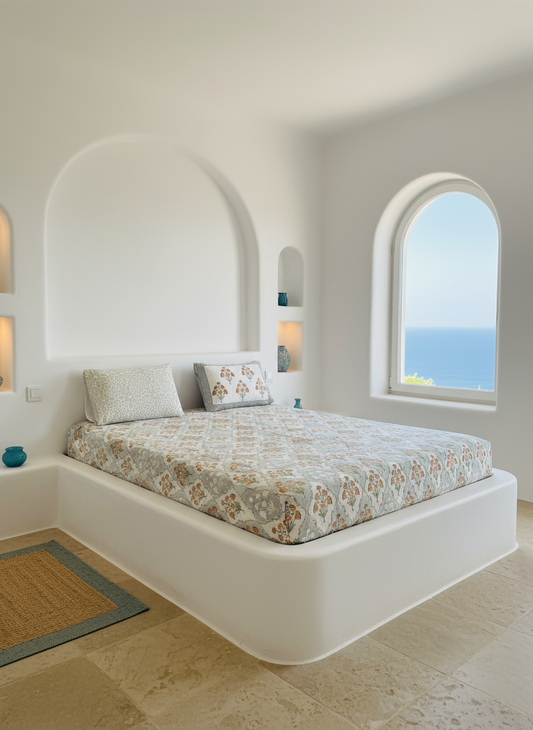 Santorini Block Print 100% Cotton Percale Bedsheet with 2 Pillowcases