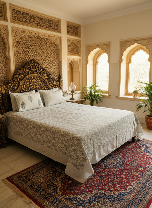 Heritage Block Print 100% Cotton Percale Bedsheet with 2 Pillowcases