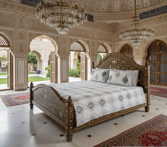 Heritage Block Print 100% Cotton Percale Bedsheet with 2 Pillowcases