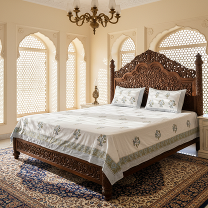 Heritage Block Print 100% Cotton Percale Bedsheet with 2 Pillowcases