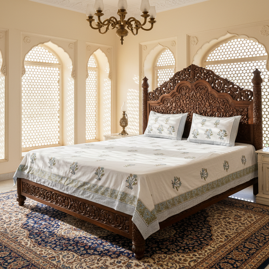 Heritage Block Print 100% Cotton Percale Bedsheet with 2 Pillowcases