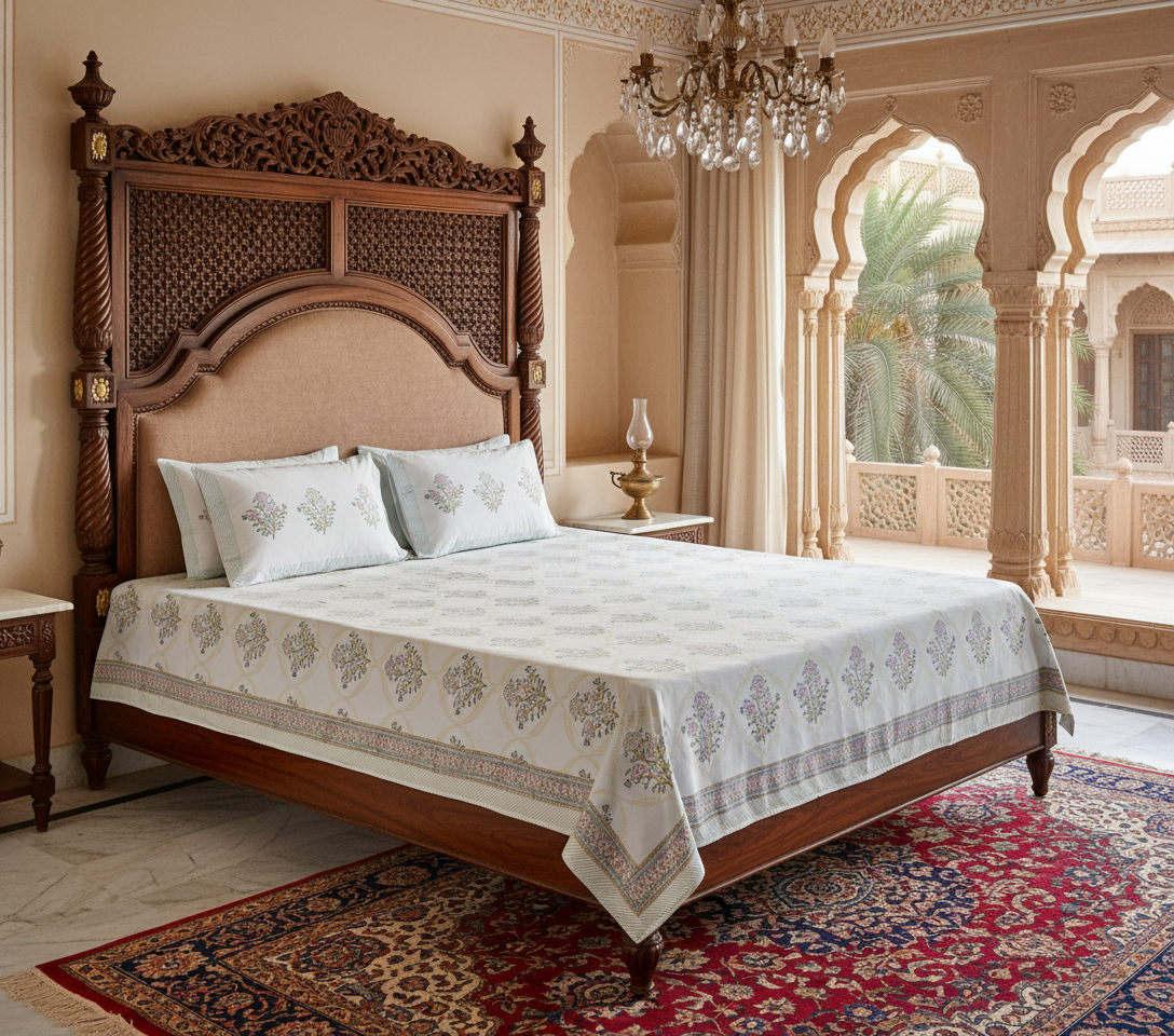 Heritage Block Print 100% Cotton Percale Bedsheet with 2 Pillowcases