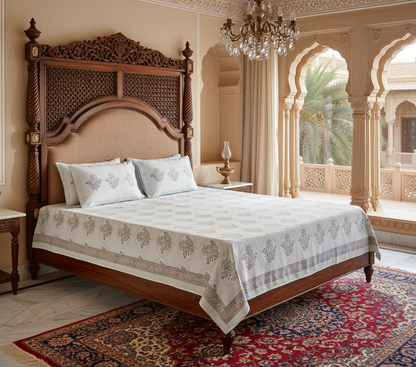Heritage Block Print 100% Cotton Percale Bedsheet with 2 Pillowcases