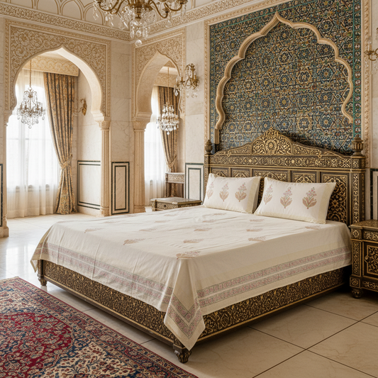 Heritage Block Print 100% Cotton Percale Bedsheet with 2 Pillowcases