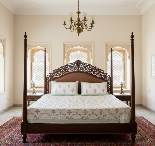 Heritage Block Print 100% Cotton Percale Bedsheet with 2 Pillowcases