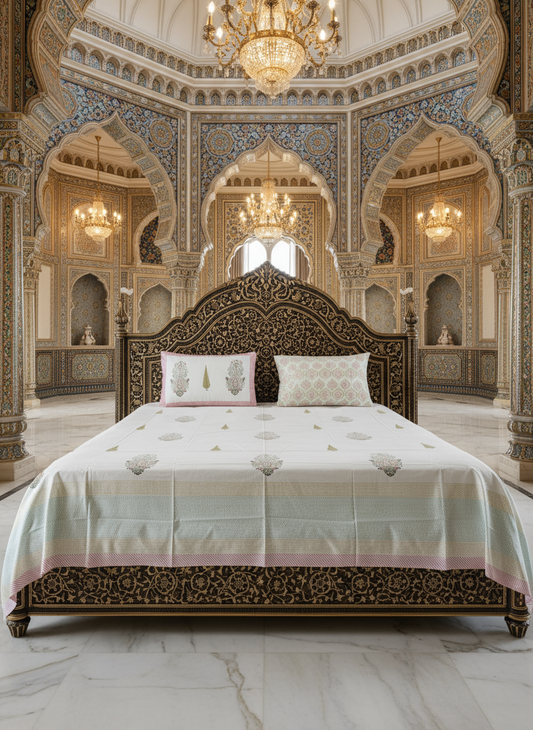 Heritage Block Print 100% Cotton Percale Bedsheet with 2 Pillowcases
