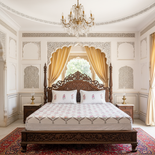 Heritage Block Print 100% Cotton Percale Bedsheet with 2 Pillowcases