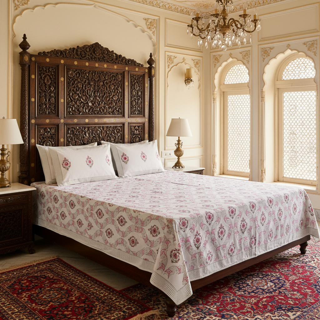 Heritage Block Print 100% Cotton Percale Bedsheet with 2 Pillowcases