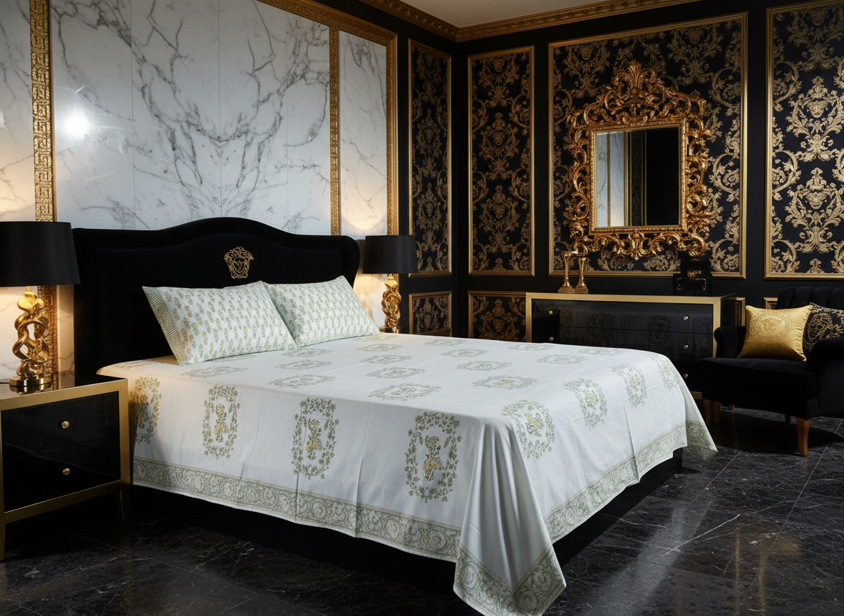 Heritage Block Print 100% Cotton Percale Bedsheet with 2 Pillowcases