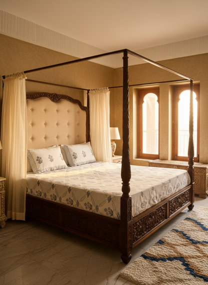 Heritage Block Print 100% Cotton Percale Bedsheet with 2 Pillowcases