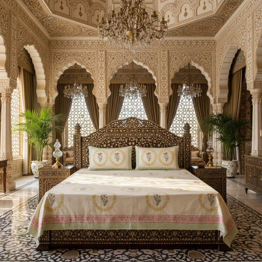 Heritage Block Print 100% Cotton Percale Bedsheet with 2 Pillowcases