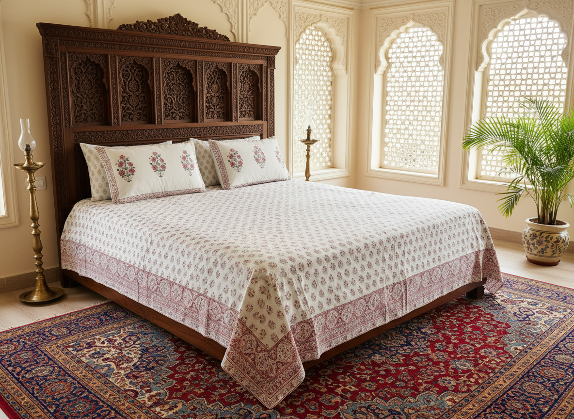 Heritage Block Print 100% Cotton Percale Bedsheet with 2 Pillowcases
