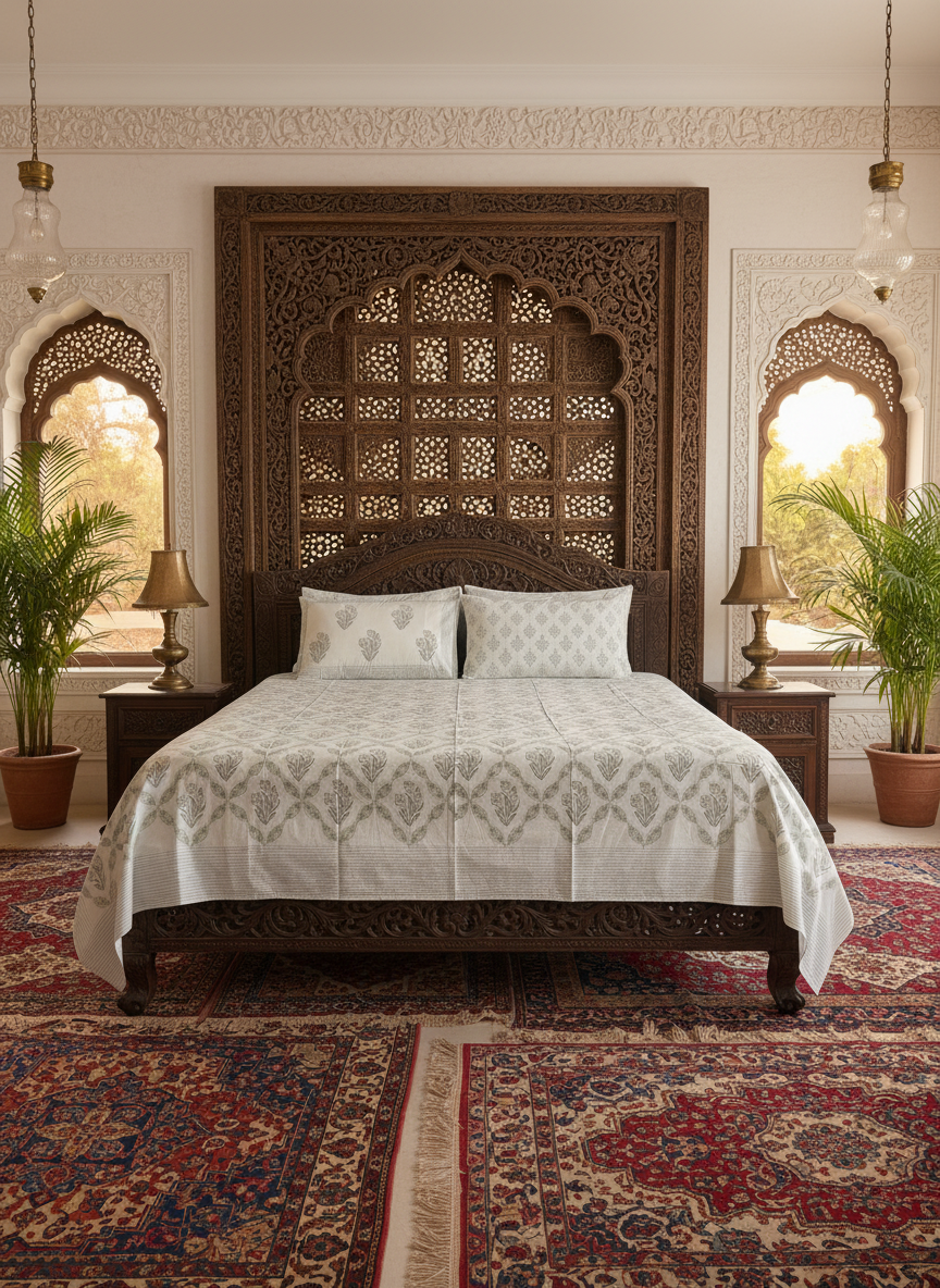 Heritage Block Print 100% Cotton Percale Bedsheet with 2 Pillowcases