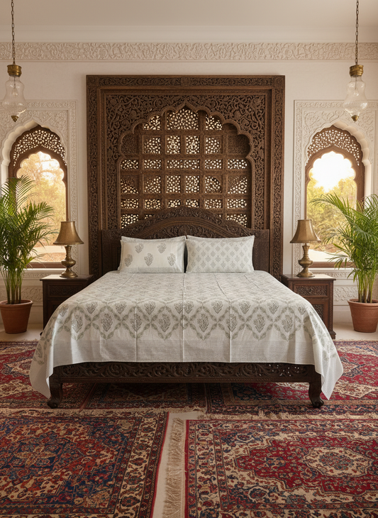 Heritage Block Print 100% Cotton Percale Bedsheet with 2 Pillowcases