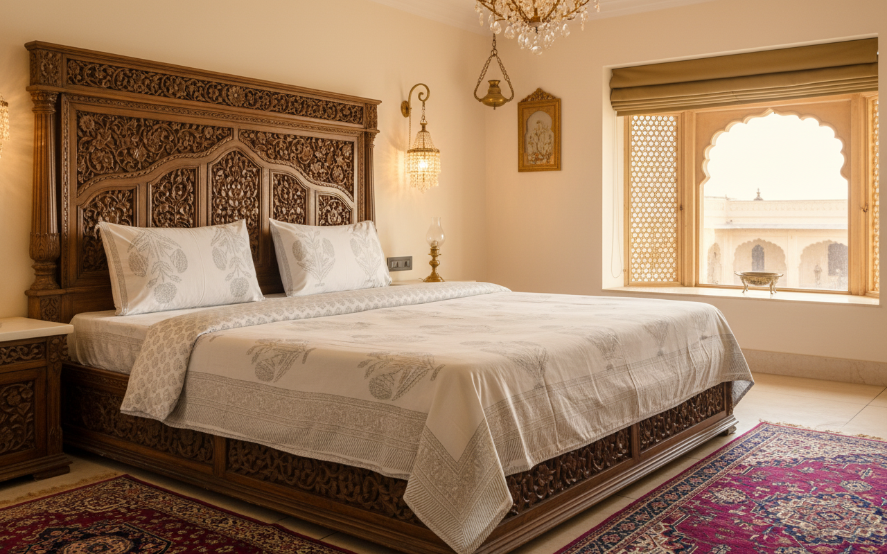 Heritage Block Print 100% Cotton Percale Bedsheet with 2 Pillowcases