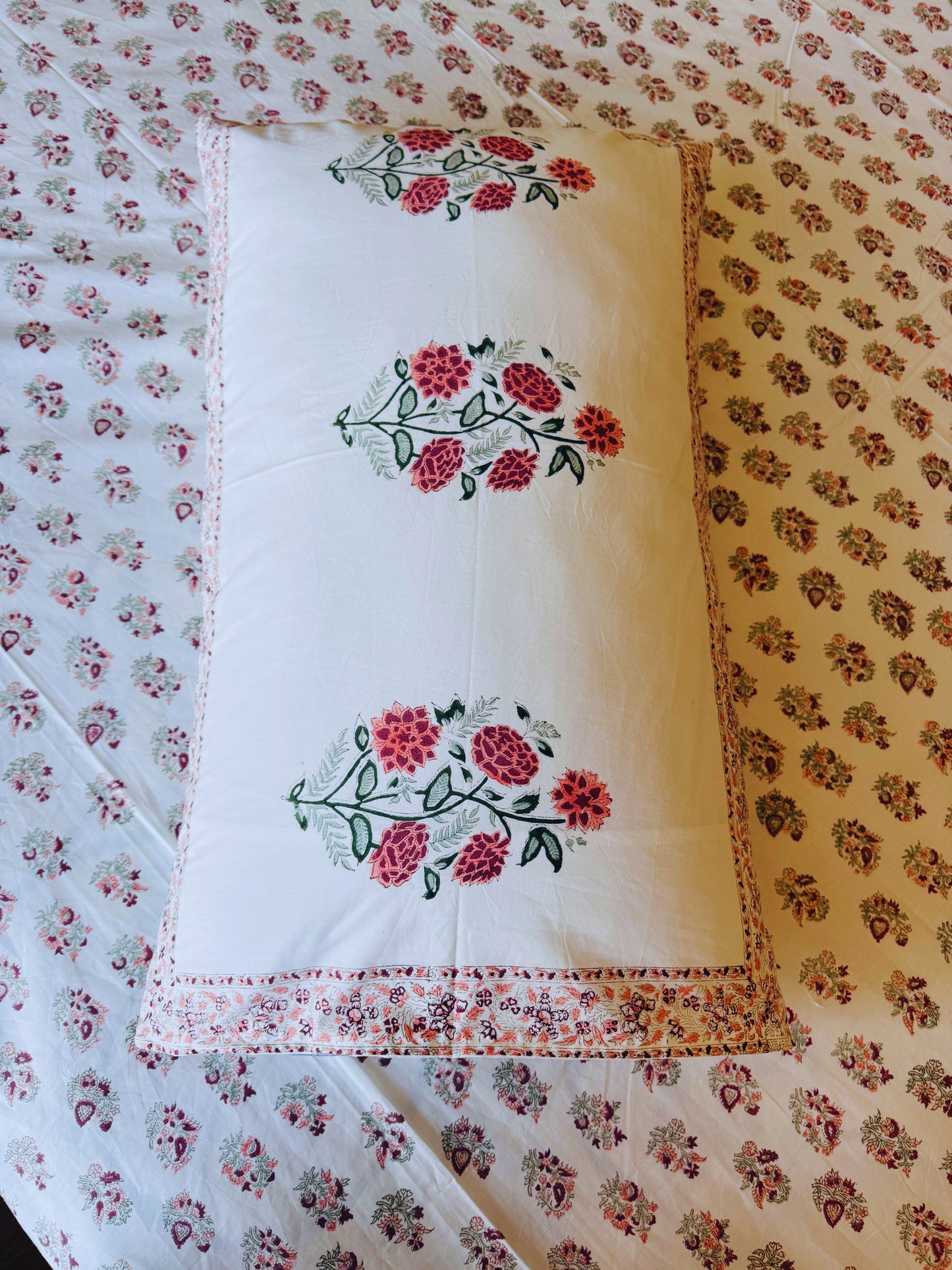 Heritage Block Print 100% Cotton Percale Bedsheet with 2 Pillowcases