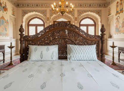 Heritage Block Print 100% Cotton Percale Bedsheet with 2 Pillowcases