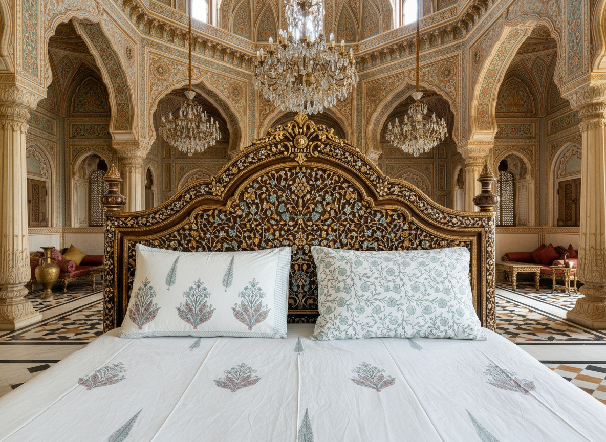 Heritage Block Print 100% Cotton Percale Bedsheet with 2 Pillowcases