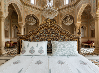 Heritage Block Print 100% Cotton Percale Bedsheet with 2 Pillowcases