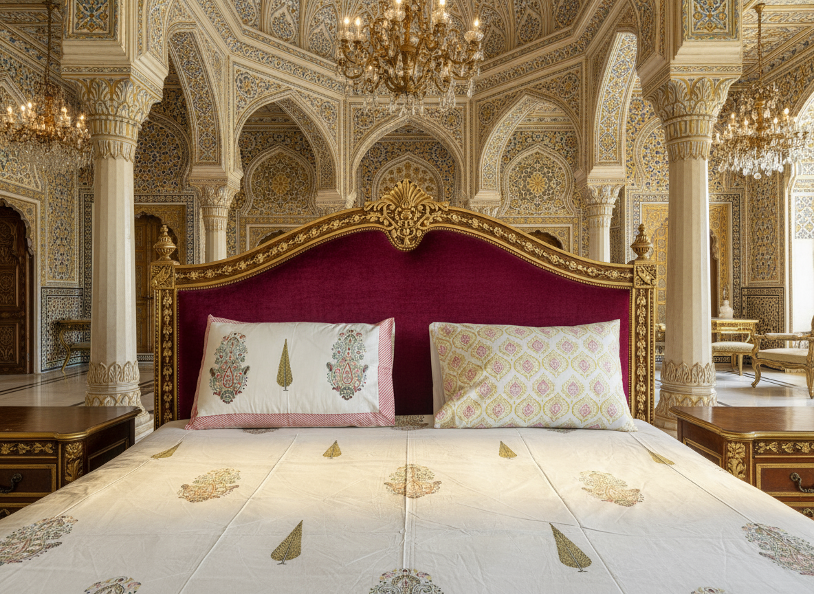 Heritage Block Print 100% Cotton Percale Bedsheet with 2 Pillowcases