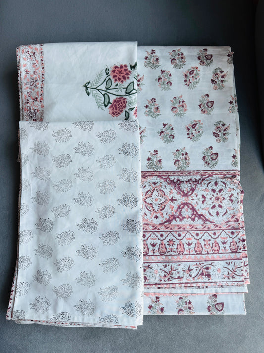 Heritage Block Print 100% Cotton Percale Bedsheet with 2 Pillowcases