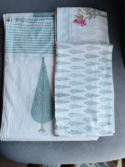 Heritage Block Print 100% Cotton Percale Bedsheet with 2 Pillowcases